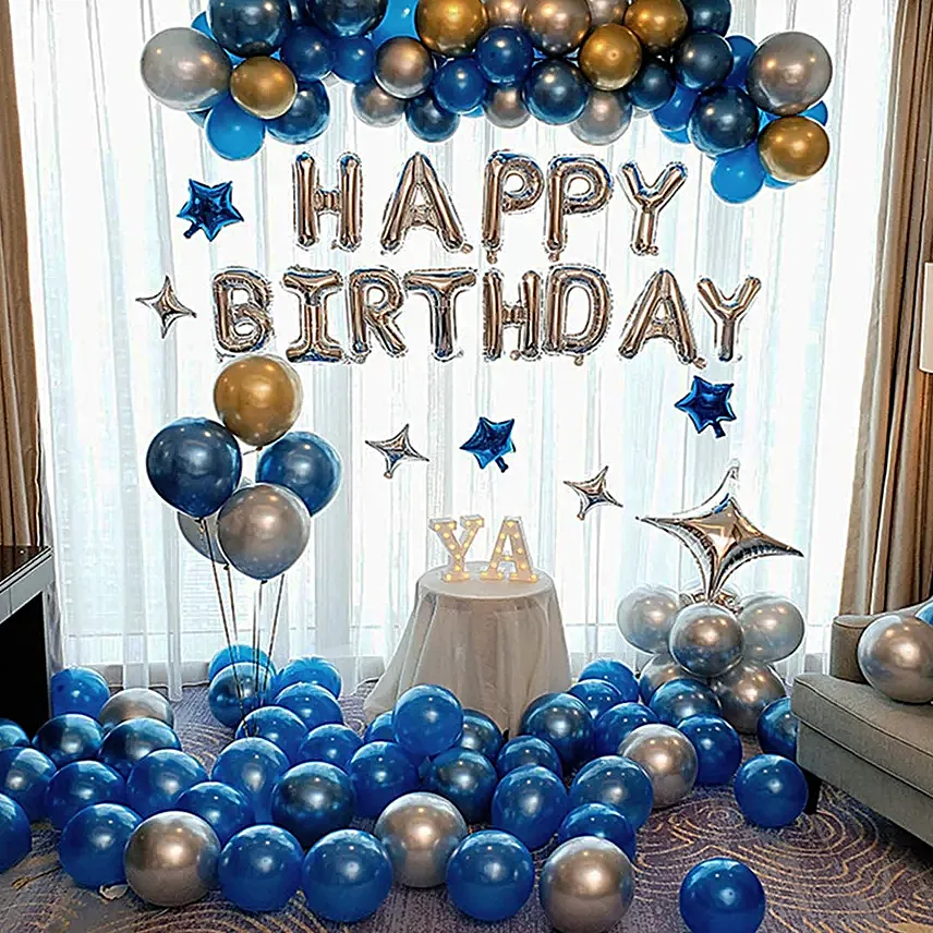 Blue Silver Happy Birthday Premium Balloon Decoration