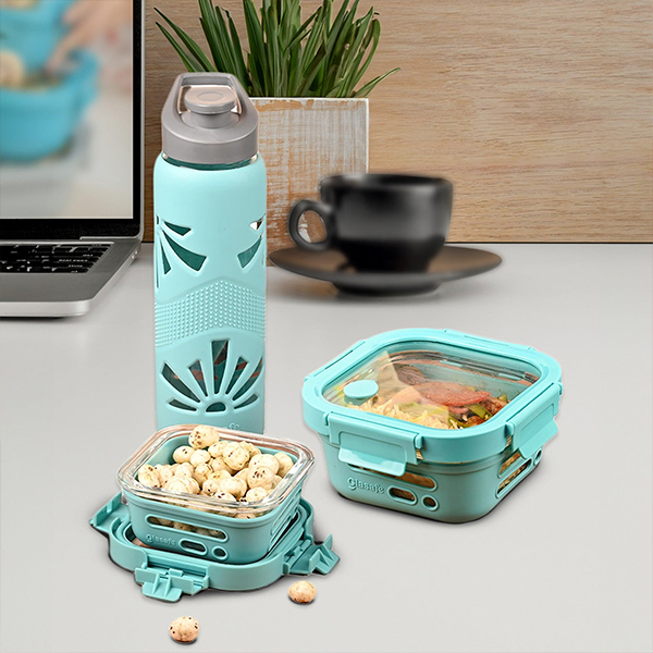 Glasafe Desk Munch Office Combo Set of 3 (Tiffin: 320mlx1 + 520mlx1 + Bottle: 750ml) - Mellow Mist-0