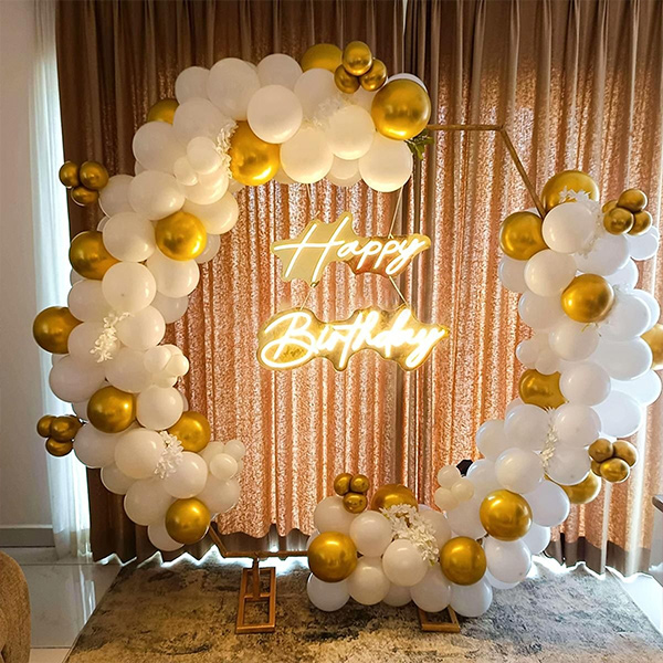 Happy Birthday Neon Light with White & Gold Balloons