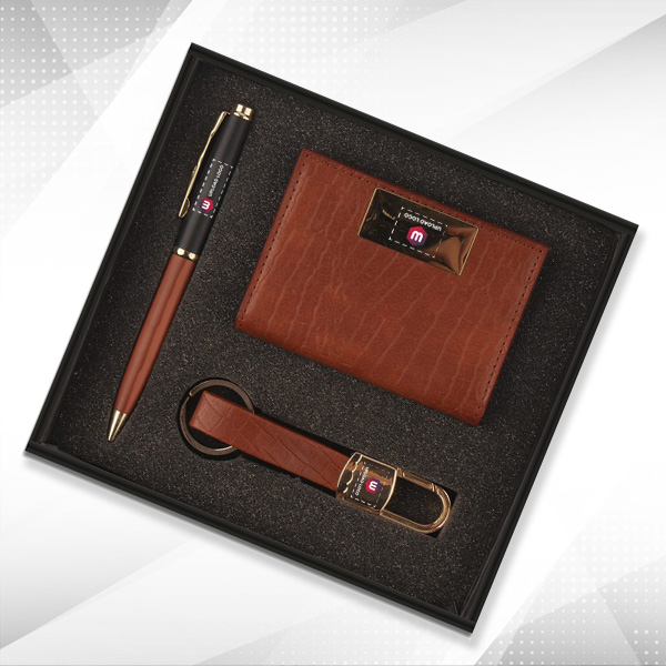 Personalized Pen, keychain & cardholder 3-in-1 Small Gift Set (Brown & Gold)-0