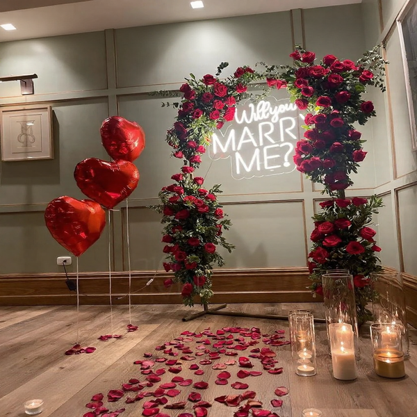 Luxury Red Rose Floral Arch & Neon Marry Me Proposal Backdrop-3