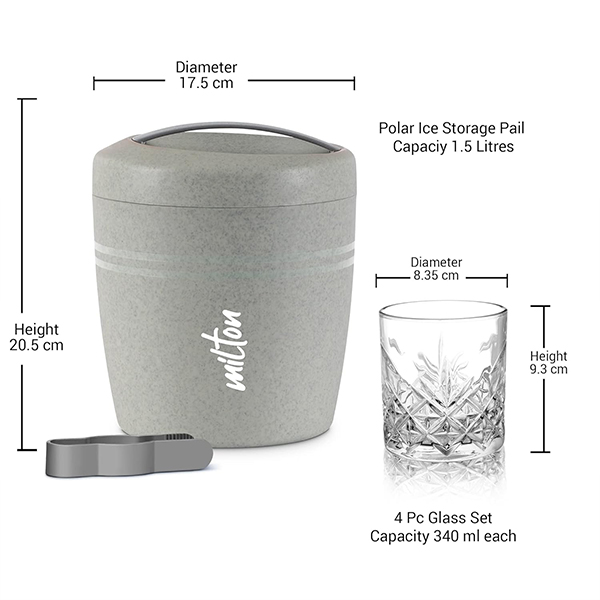 MILTON Spirits Gift Set, Polar Ice Storage Pail and Tong 1.5 liters with Edford Glass Tumbler Set of 4, 340 ml Each - Marble Grey-3