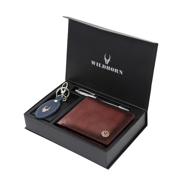 WILDHORN COSTA MESSA Leather Gift Set – Wallet, Keychain & Pen (Crackle)