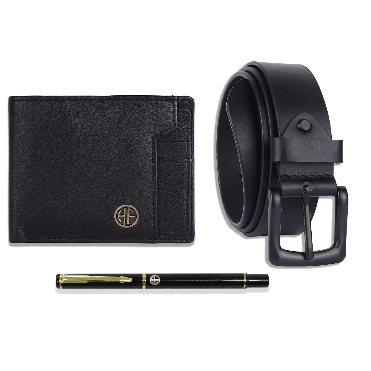 HF Premium Gift Set - Genuine Leather Wallet & Belt with Ball Pen (Grease Black)