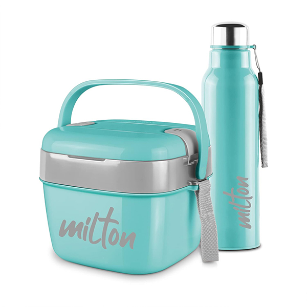MILTON Cube Lunchmate (Steel Fit Insulated Water Bottle, 630 ml & Cubic Big Tiffin, 1.1 liter) Aqua Green
