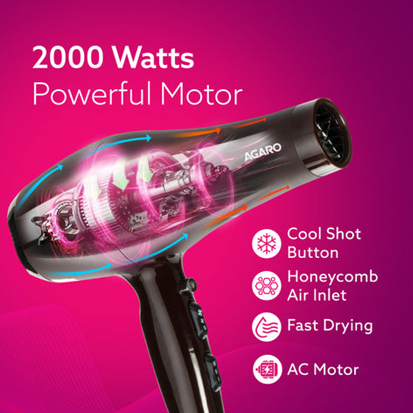 AGARO HD-1120 Professional Hair Dryer with Comb  2000W AC-3