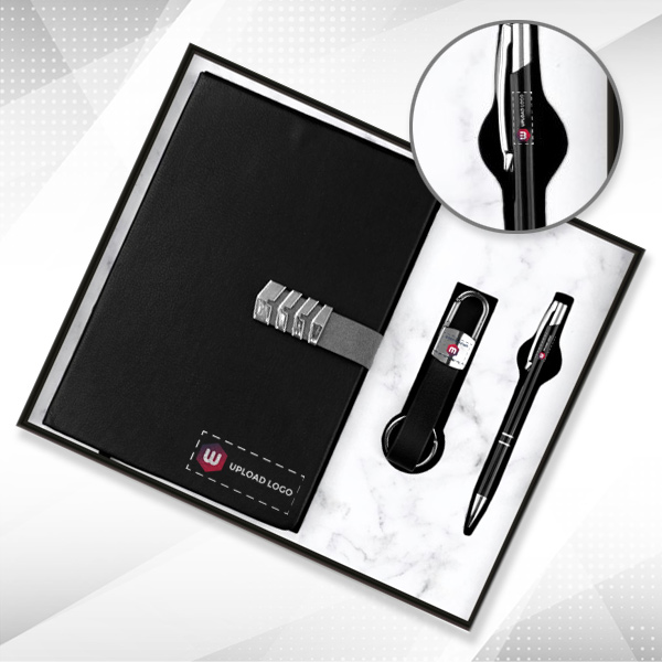 Customized 3-in-1 Combo Diary, Pen & Keychain Gift Set for Employees (Black)