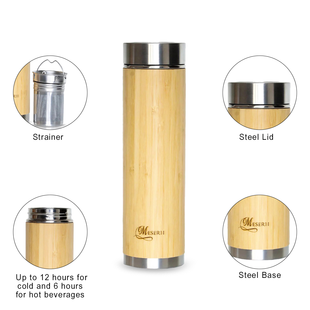Bamboo Water Bottle with Strainer & Stainless Steel Lid 500ml-3