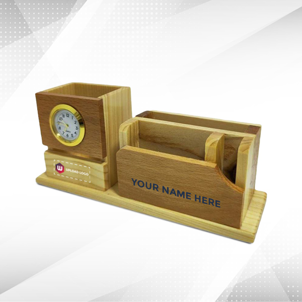 Wooden Pen Holder & Stationery Organizer Stand with Clock