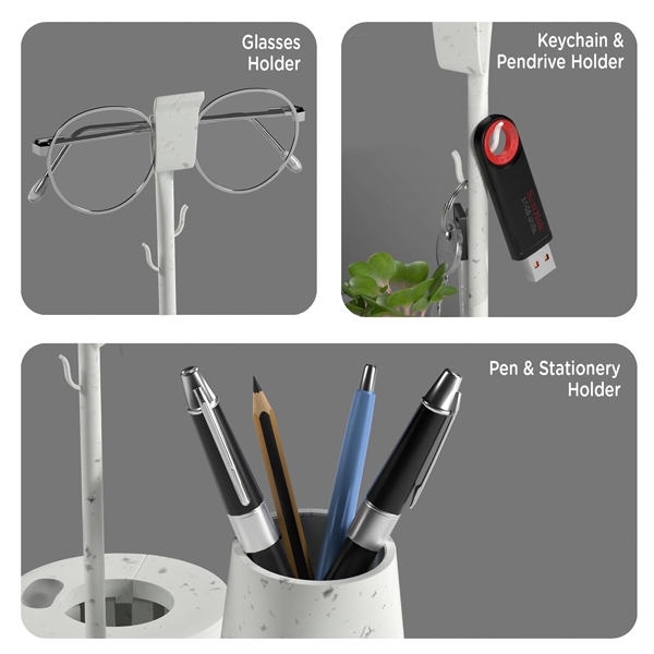 EO  Desk Station Pen Stand For Study Table with Self Watering Plant Pot (Marble White)-3