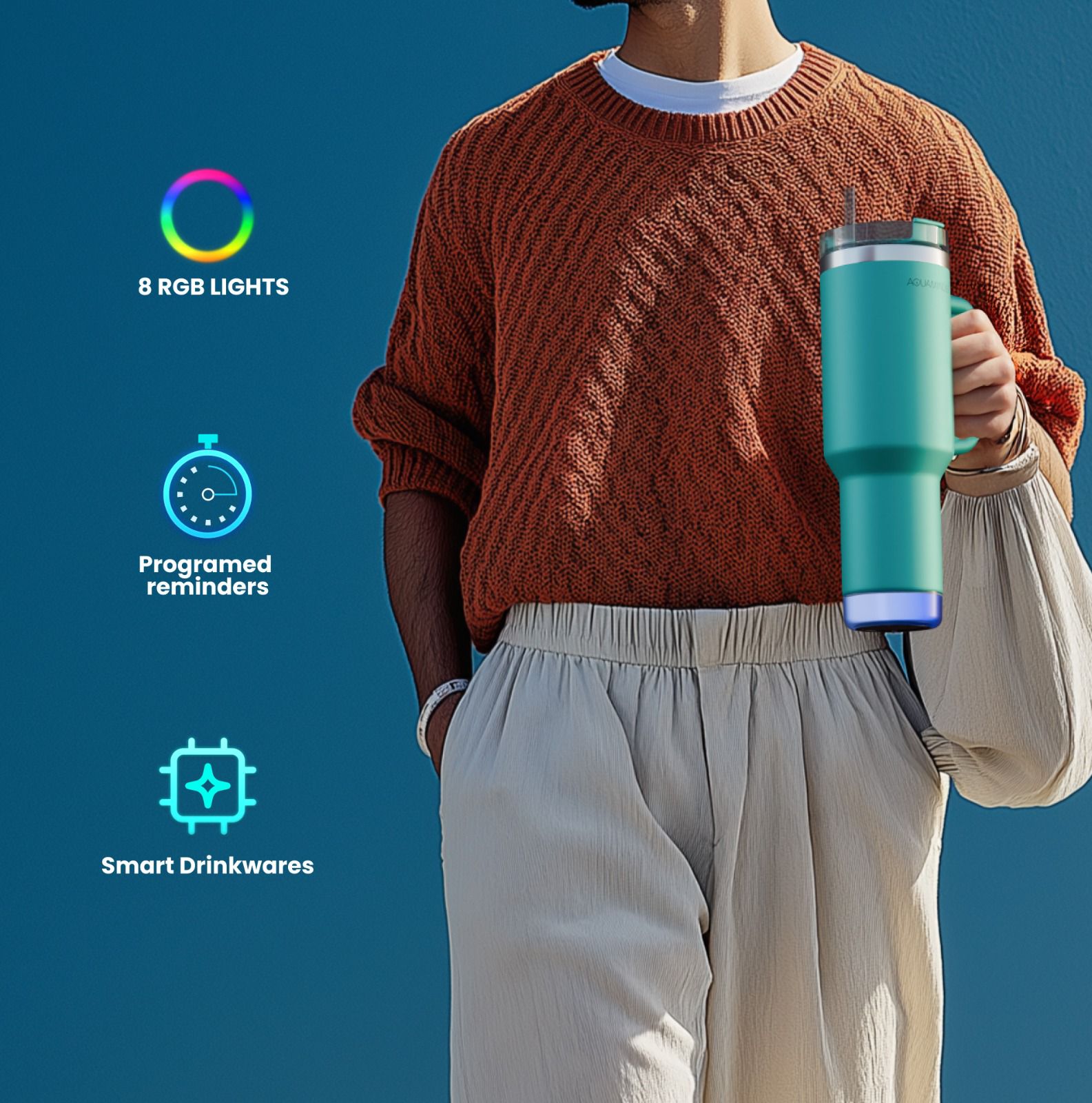 Aquaminder Smart Tumbler with lid and Straw  Nile Cup 1200ml -Blue-2