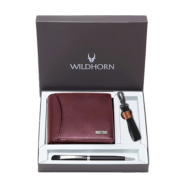 WILDHORN CORDOVA Premium Leather Wallet, Keychain & Pen Gift Set (Maroon)