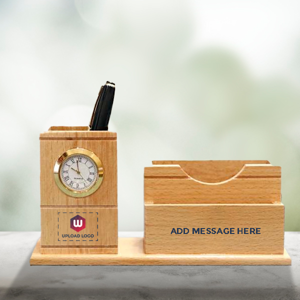 Wooden Pen Holder with Clock – Personalized Logo & Message-0