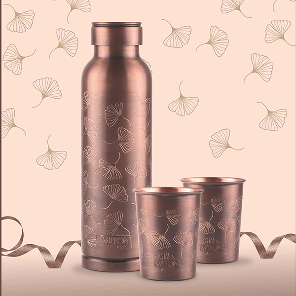 MILTON Copper Elegante Gift Set (1- Bottle, 940 ml and 2-Tumbler, 290 ml Each), Copper Petals