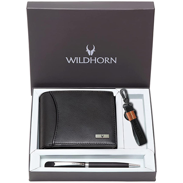 WILDHORN CORDOVA Premium Leather Wallet, Keychain & Pen Gift Set (Black)