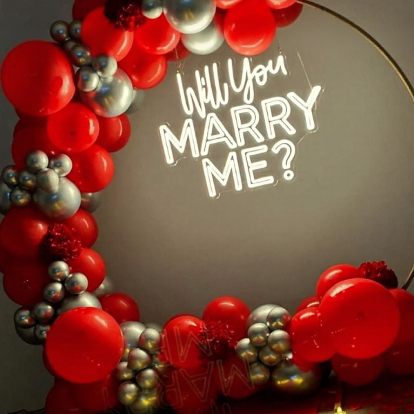 Red & Silver Balloon Ring Proposal Setup with Neon Sign-2
