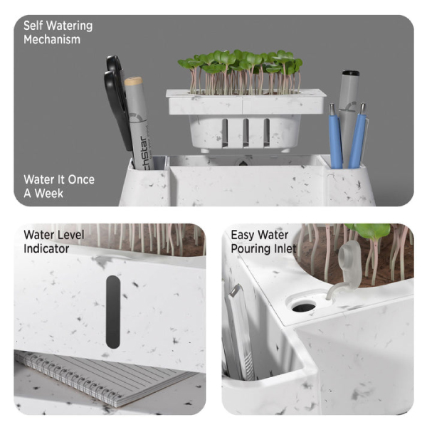EO Versa- Pen Stand For Study Table with Self Watering Plant Pot & Glasses Holder (Marble Finish)-4