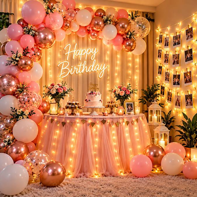 DIY birthday decoration at home with fairy lights and balloons