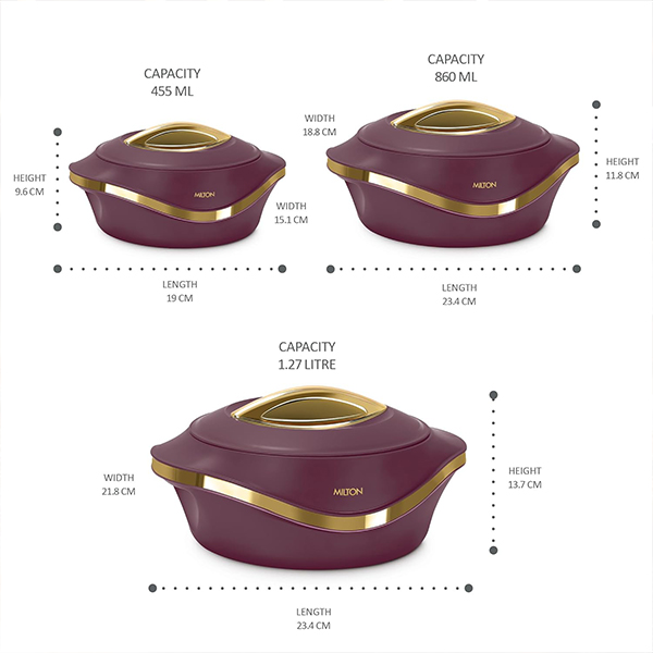 MILTON Pearl Inner Stainless Steel Jr. Casserole - Set of 3 (455 ml, 860 ml, 1270 ml) - Maroon-5