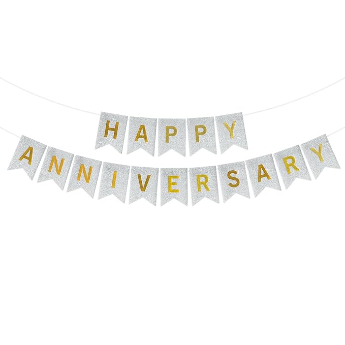 Happy Anniversary Glitter Banner - Silver-0