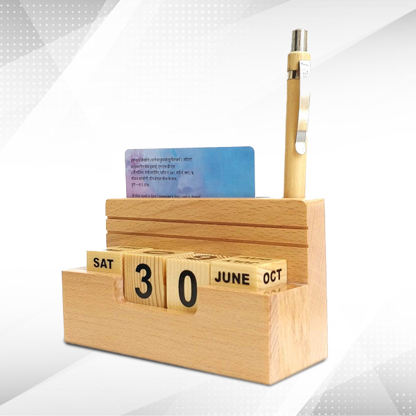 Stylish Wooden Pen Stand – Built-in Card Slot & Calendar-3