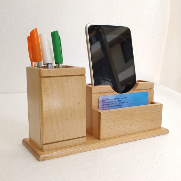 Wooden Pen Stand with Mobile & Card Holder-1