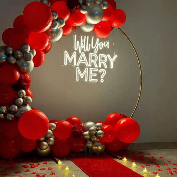 Red & Silver Balloon Ring Proposal Setup with Neon Sign-1