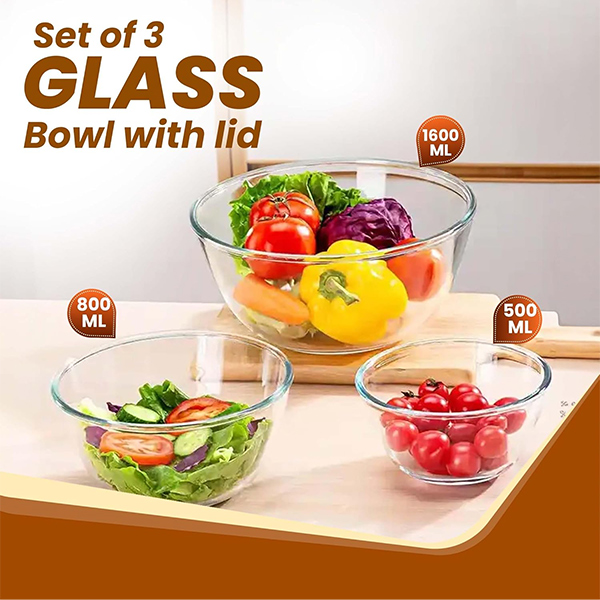 AGARO Borosilicate Glass Mixing Bowl with Lid 3 Pcs Set (500ml, 800ml &1600ml)-1