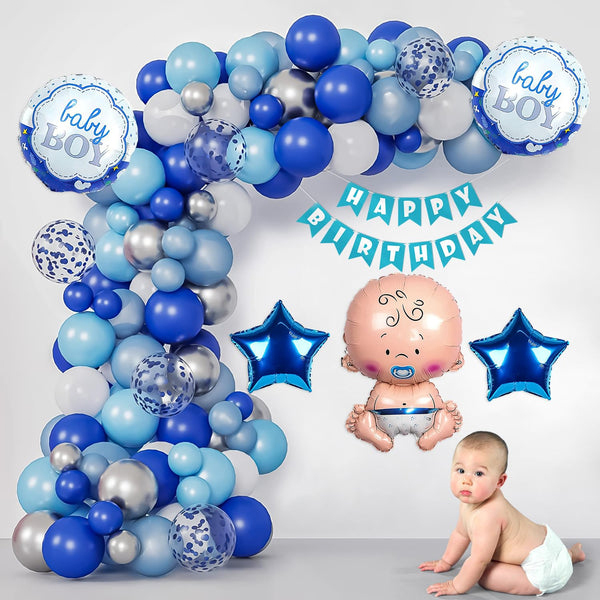 Blue-Themed Birthday Decoration Set with Baby Foil Balloons - 72 Pieces-1