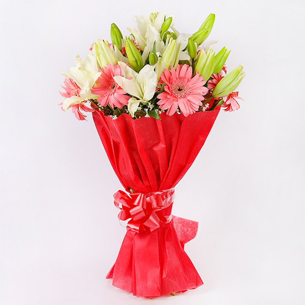 Charming Mixed Flower Bouquet with Pink Gerberas & Lilies